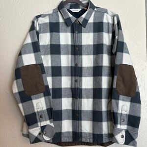 Orvis Womens Fleece Lined Elbow Patch Blue White Gingham Plaid Jacket Top Sz XL